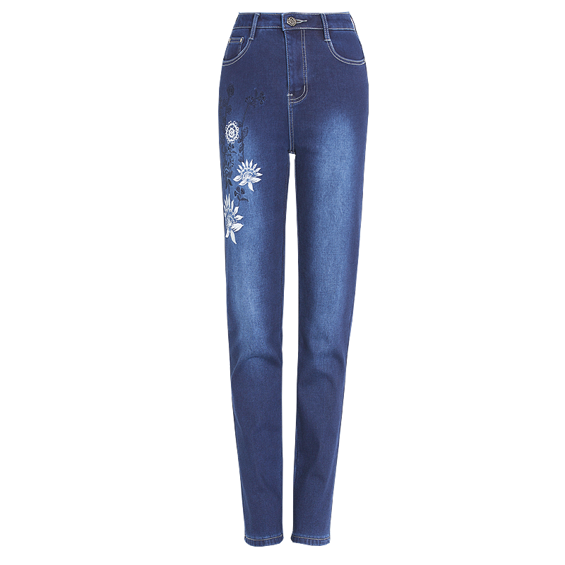 2018新款加绒加厚绣花女牛仔长裤小脚直筒高腰大码显瘦3296