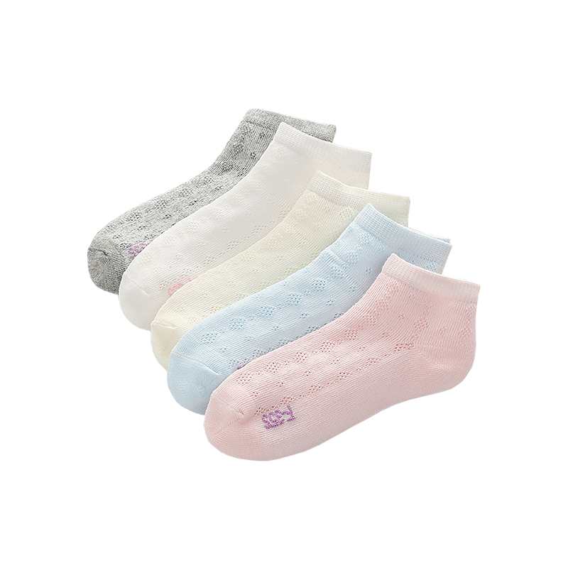 红豆居家(Hodohome)B类薄款棉质宝宝袜女童短袜透气运动袜五双盒装
