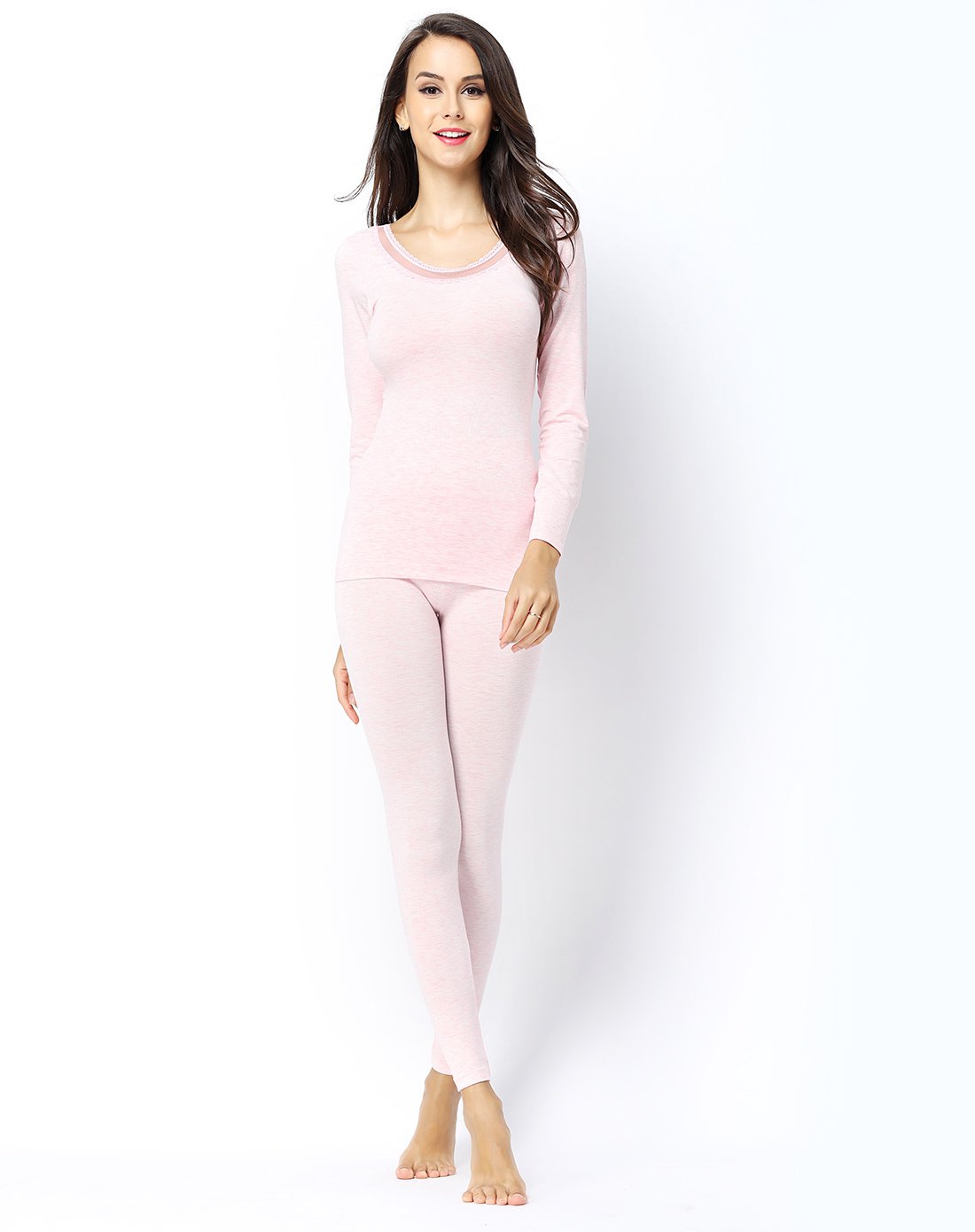 婷美幽情蕾丝圆领微弹亲肤时尚修身保暖套装DE7706