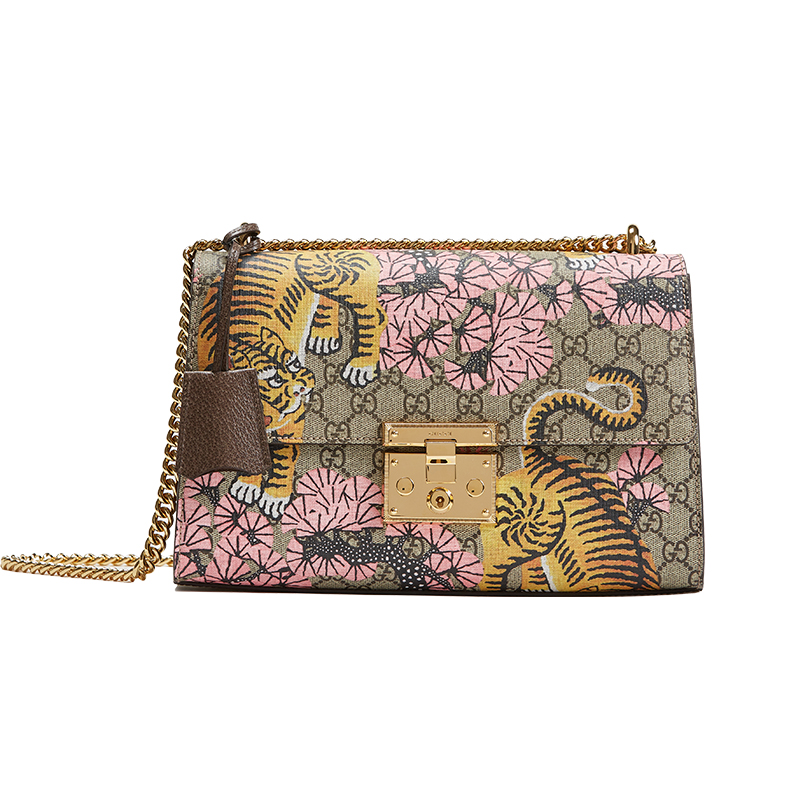 GUCCI/古驰 Padlock系列帆布滑动金属扣GG老虎印花包盖式女士单肩包 硬409486