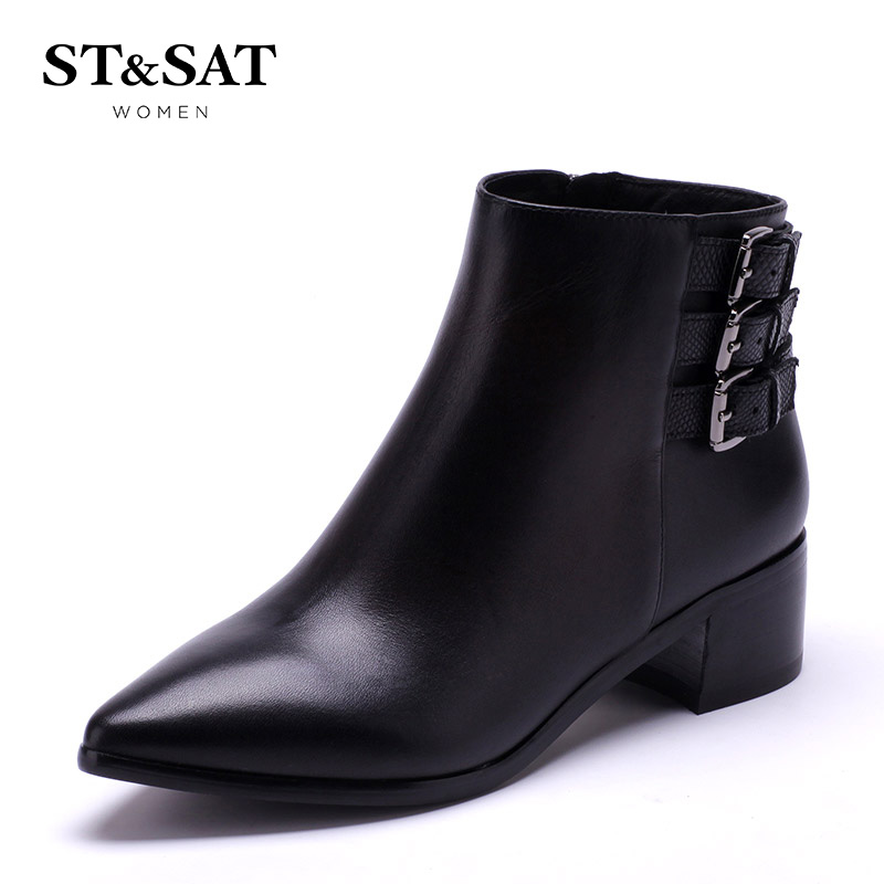 ST&SAT星期六专柜低跟骑士靴牛皮英伦尖头女士鞋SS54112943