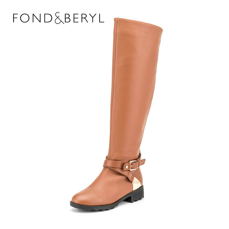 菲伯丽尔（Fondberyl） 小牛皮革方跟圆头时尚长靴FB44119139