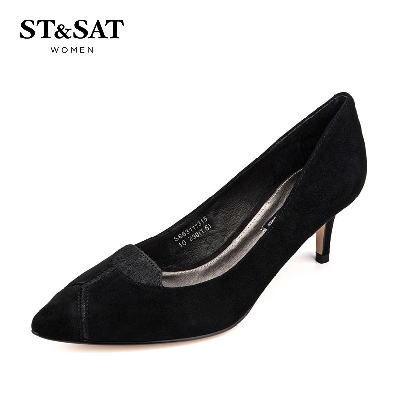 St&Sat/星期六秋季新款单鞋女羊反绒浅口色拼高跟女鞋SS63111315