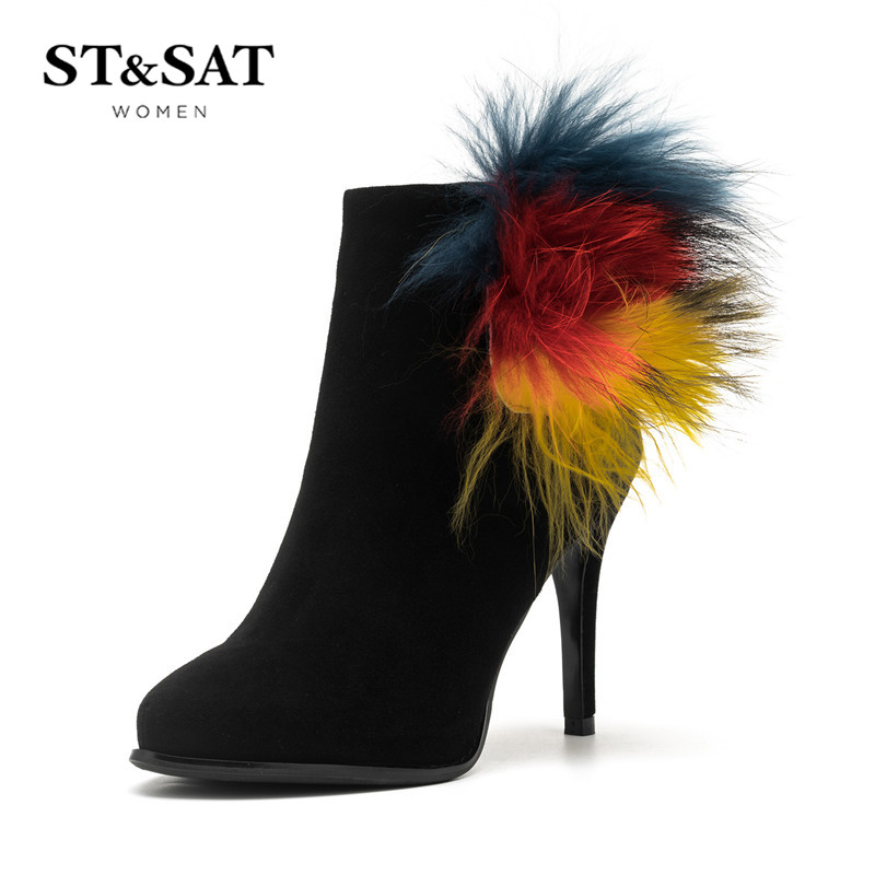 星期六ST&SAT冬季绒面羊皮尖头超高拉链时尚毛毛装饰短靴SS64117023