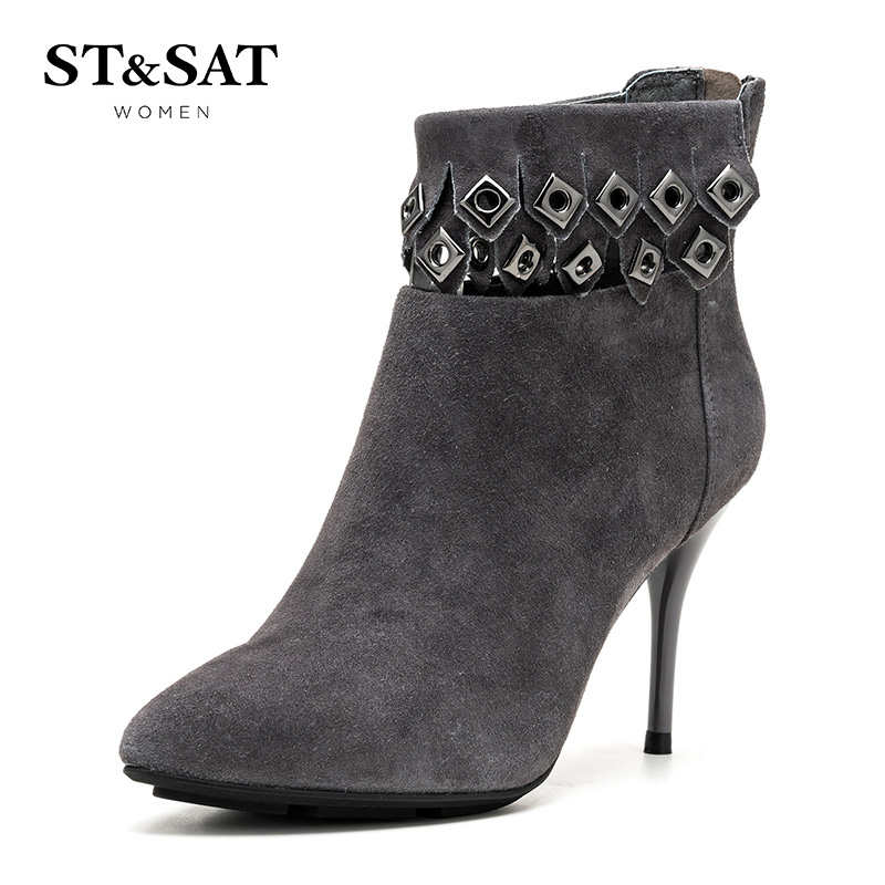 St&Sat/星期六冬新款绒面羊皮尖头细高跟短靴女鞋SS64117036