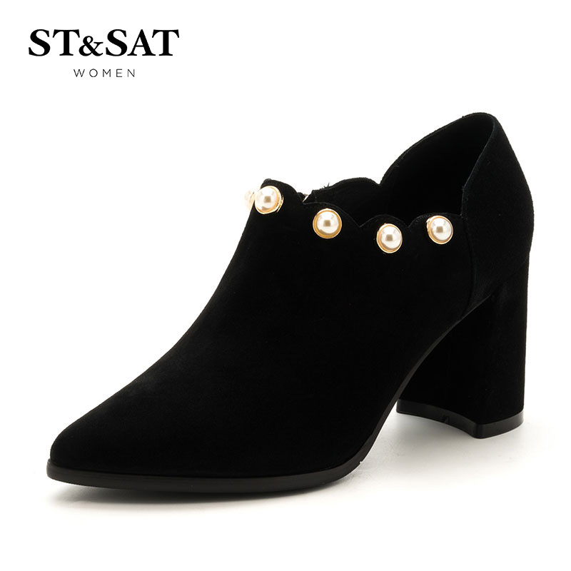 St&Sat/星期六绒面羊皮革珠饰花边深口粗跟裸靴女鞋SS73112196