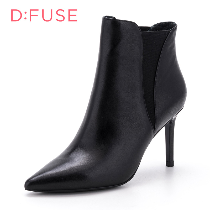 D：Fuse/迪芙斯冬季新款羊皮高跟短靴弹力布女靴子DF74116194_iSA40