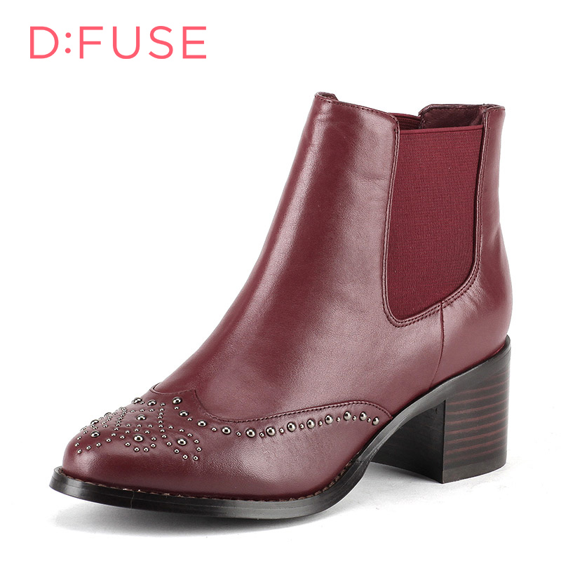 D：Fuse/迪芙斯冬牛皮铆钉圆头粗高跟短靴女鞋DF54115214_BGP15