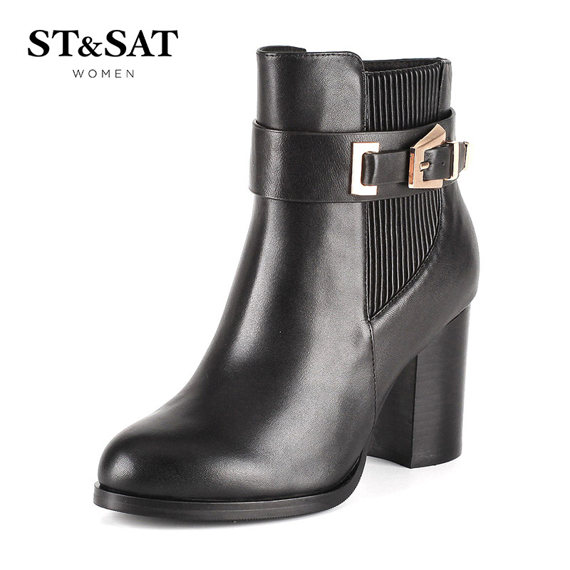 St&Sat/星期六冬牛皮皮带扣高跟粗跟圆头短靴女鞋SS54112960