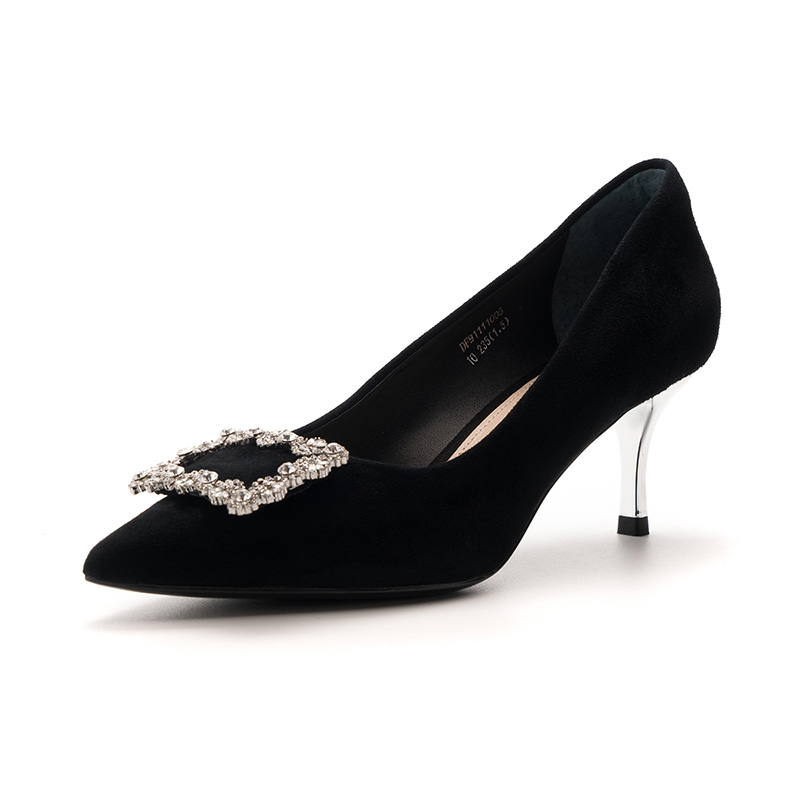 ST&SAT/星期六旗下绒面羊皮革金属方扣尖头中跟细跟时尚单鞋女DF91111005