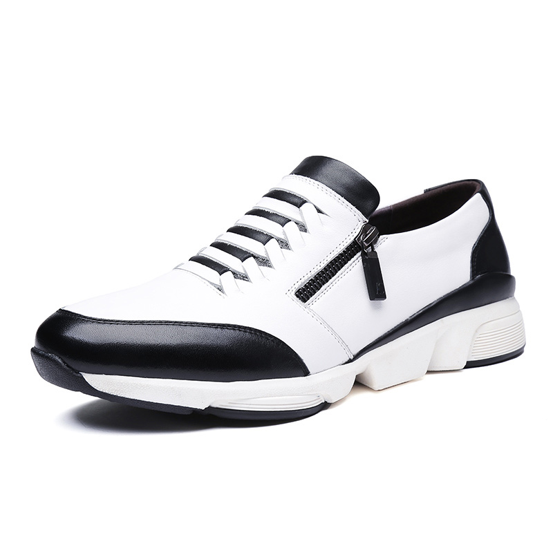 Aolun/澳伦男鞋个性双拉链头层牛皮休闲鞋男运动鞋百搭舒适型男低帮跑步鞋百搭