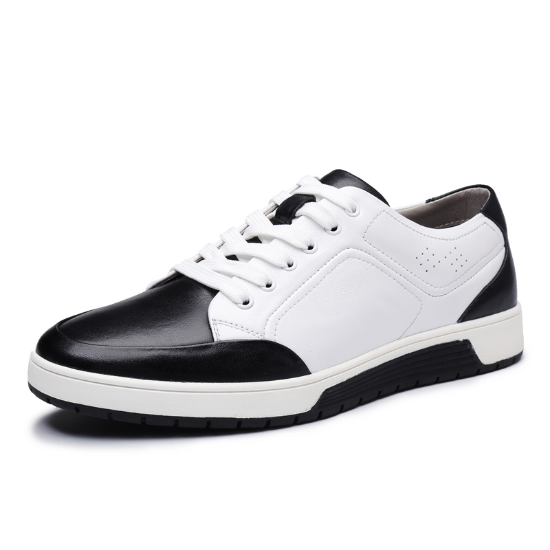 Aolun/澳伦男鞋休闲鞋男黑白拼接头层牛皮男士休闲板鞋跑步鞋系带防滑时尚