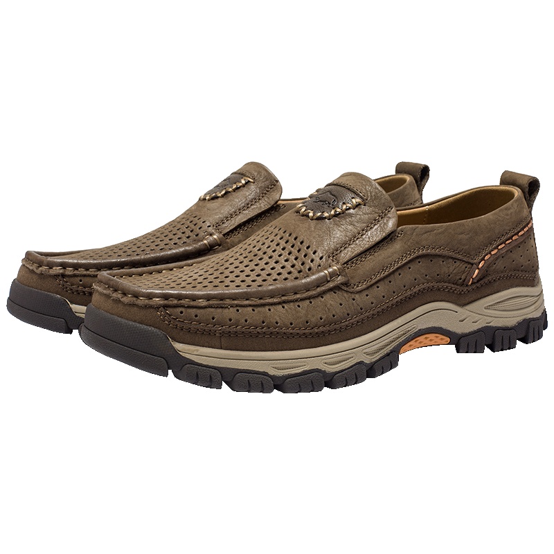 夏季防滑耐磨头层牛皮真皮皮鞋镂空透气男鞋户外休闲鞋