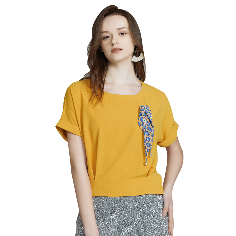 千柏年2018新款纯色上衣女宽松休闲圆领T恤简约百搭气质短袖黄色