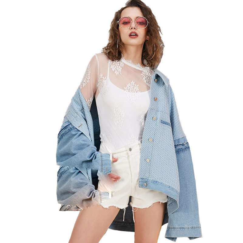UNIFREE2018秋装新款翻领纯色拼接宽松BF风棉质牛仔外套女UH181B010