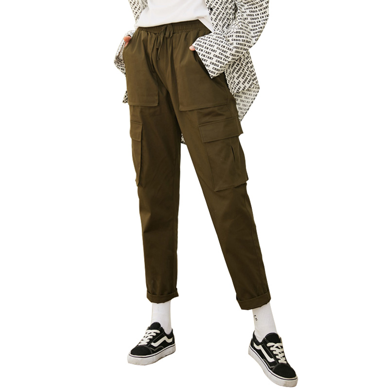 UNIFREE2018秋装新款女纯色松紧腰系带大口袋韩版休闲裤UH183P169