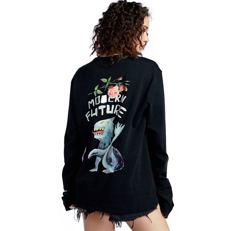 UNIFREE2018圆领长袖个性手绘印花宽松纯棉T恤女UH181G015