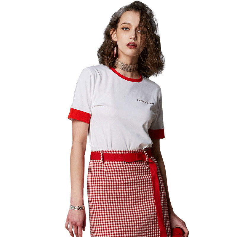 UNIFREE2018夏装新款女装圆领短袖撞色休闲字母印花T恤UH182G047