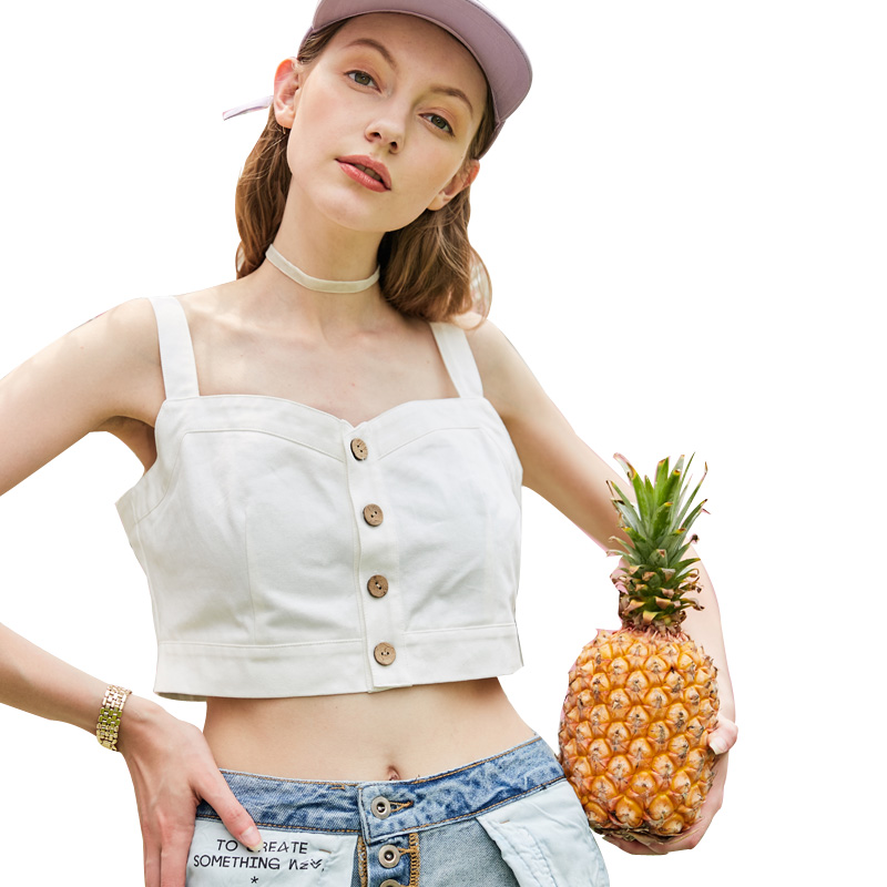 UNIFREE2018夏新女V领排扣美式加州短款酷帅吊带UH182R405