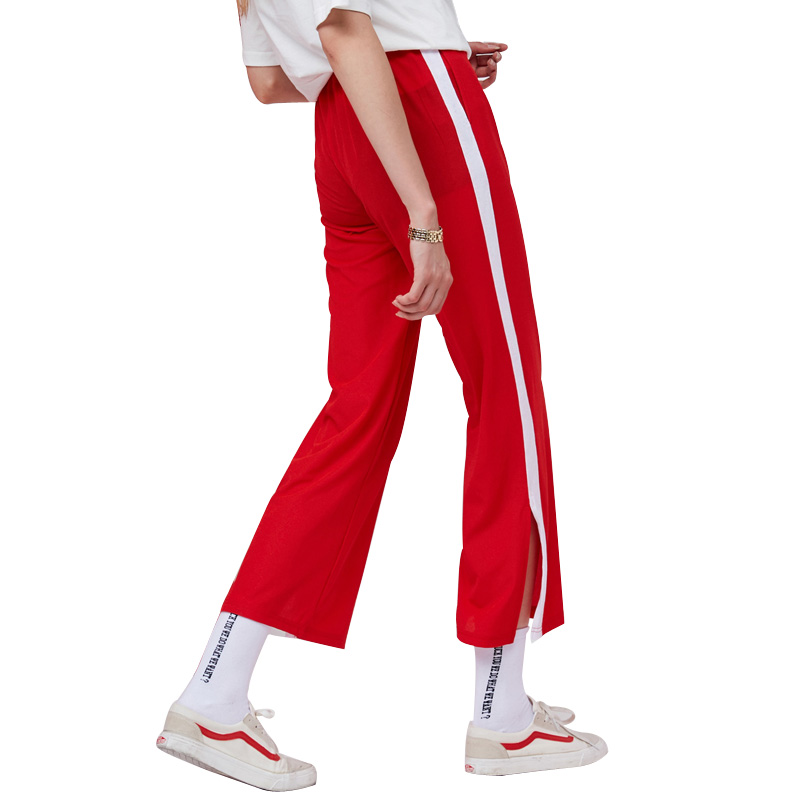 UNIFREE2018夏装新款松紧腰侧分叉条纹撞色抽绳九分裤女UH182P557