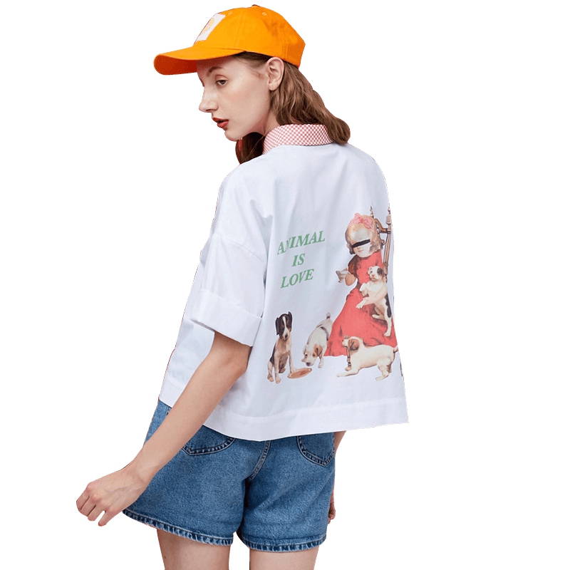 UNIFREE2018夏装新女翻领撞色萌宠印花宽松廓形短袖衬衫UH182D401