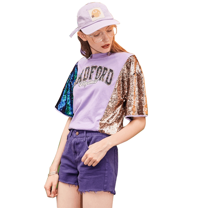 UNIFREE2018夏新女圆领字母刺绣珠片撞色宽松短袖T恤UH182G381