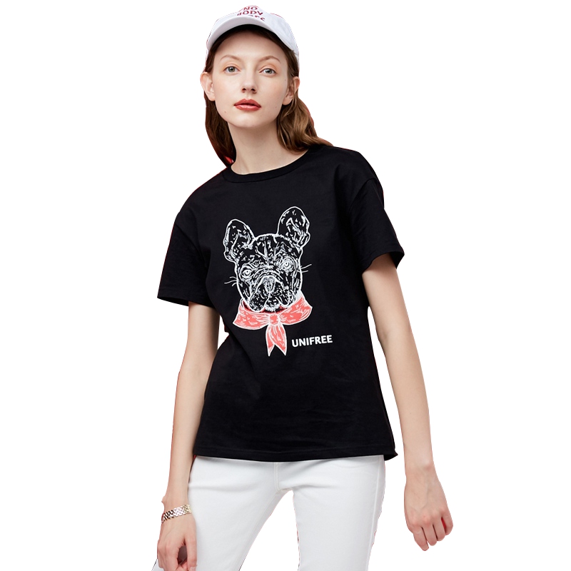 UNIFREE 2018年夏装新款圆领趣味萌宠汪星人休闲百搭短袖T恤女UH182G545