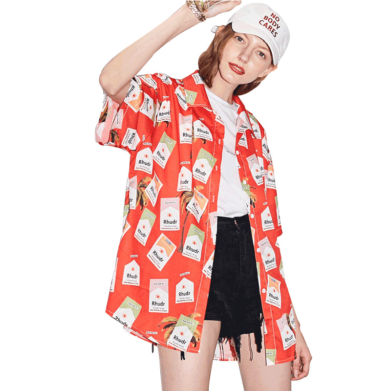 UNIFREE 2018年夏季新款翻领落肩短袖盒子印花宽松衬衫女UH182D002