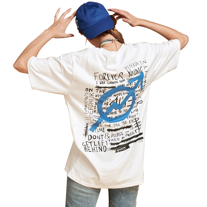 UNIFREE 夏装2018新款男女同款情侣休闲宽松T恤圆领字母印花上衣潮U173100005