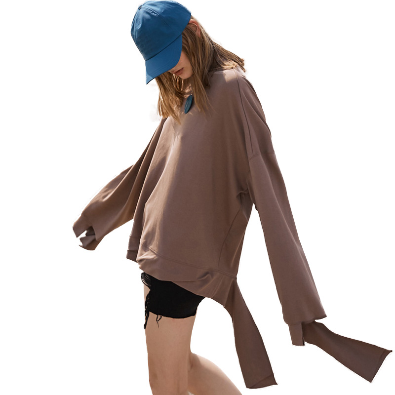 UNIFREE2018年秋装新款圆领不规则长袖休闲纯色T恤女U173200003