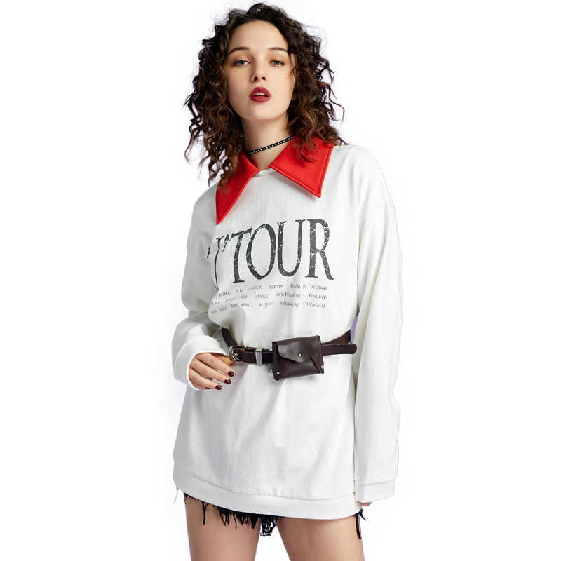 UNIFREE18年秋装新款翻领撞色假两件字母印花休闲T恤女UH181G017