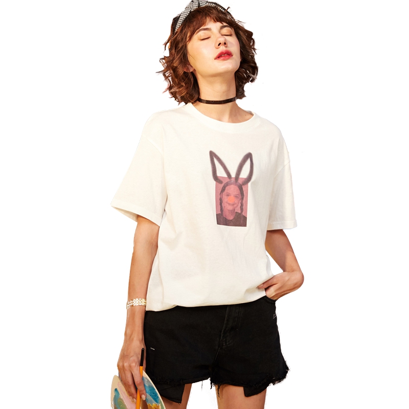 UNIFREE 2018年夏新款圆领搞怪人像印花宽松百搭短袖T恤UH182G177