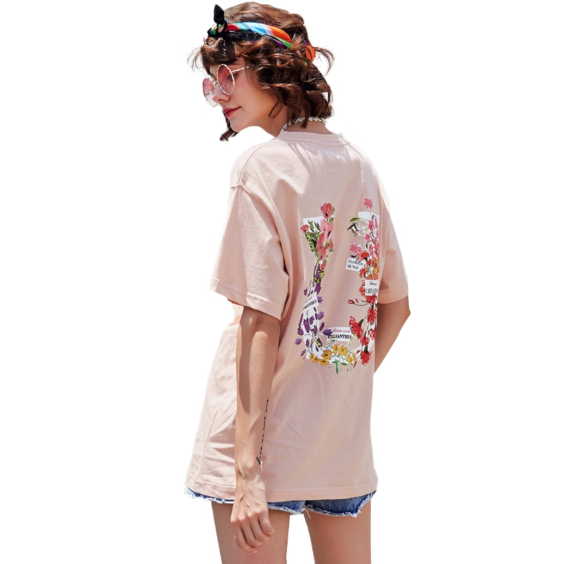 UNIFREE2018夏装新款圆领清新浪漫花束印花短袖舒适T恤UH182G175