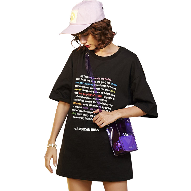 UNIFREE2018年夏男女同款圆领字母撞色印花落肩宽松T恤UH182G145