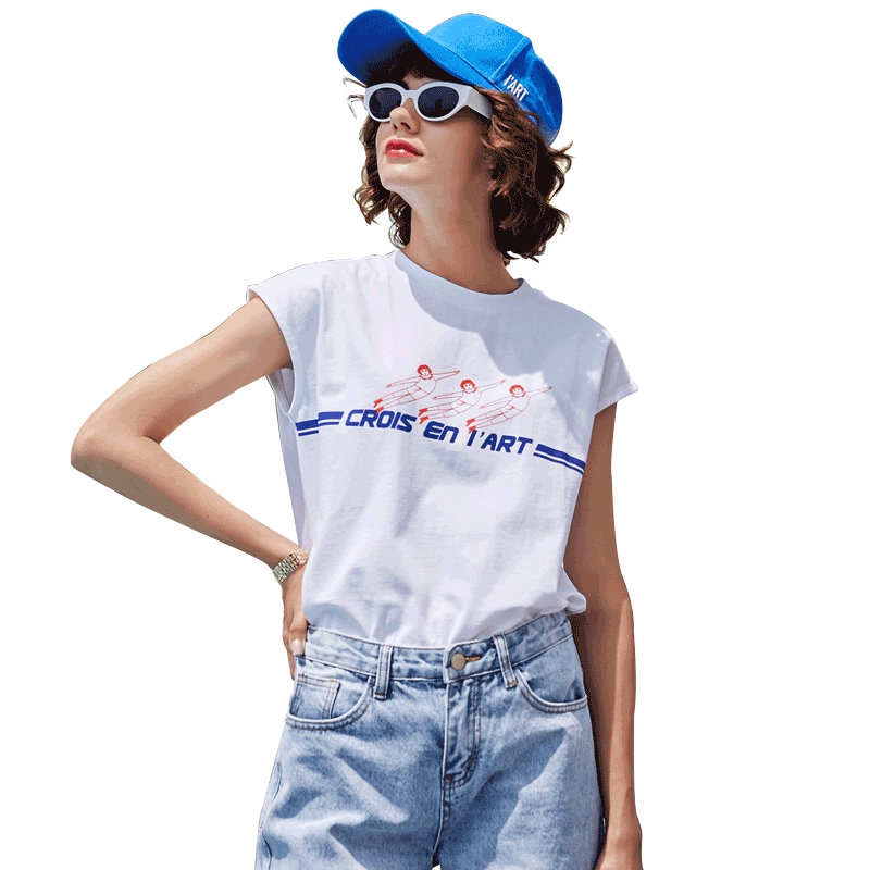 UNIFREE 18年夏季新圆领搞怪印花无袖背心女士运动风T恤UH182G133