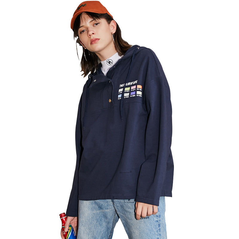 UNIFREE2018秋季新款女连帽领长袖印花宽松休闲时尚卫衣UH183A083
