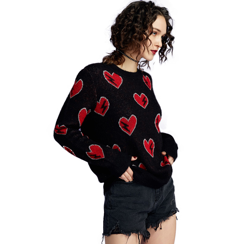 UNIFREE2018秋装新款圆领爱心提花金线装饰宽松短款毛衣UH18K024