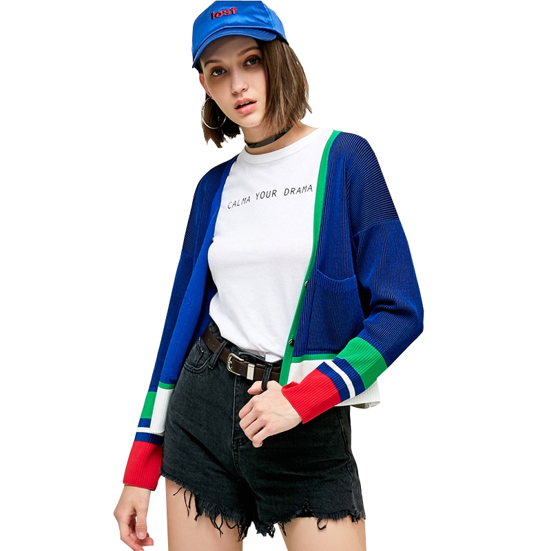 UNIFREE2018新款女装空调V领撞色双口袋短款针织开衫UH182N002