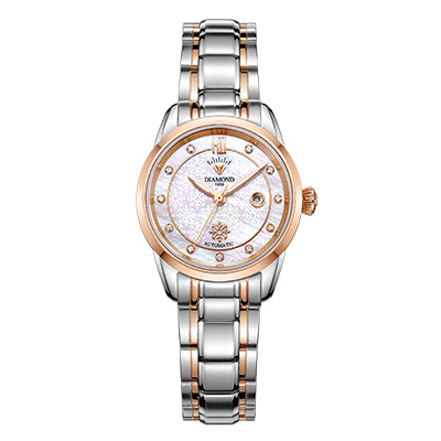 上海钻石牌时尚女士全自动机械表日历镶钻贝母纹表盘3180机械腕表