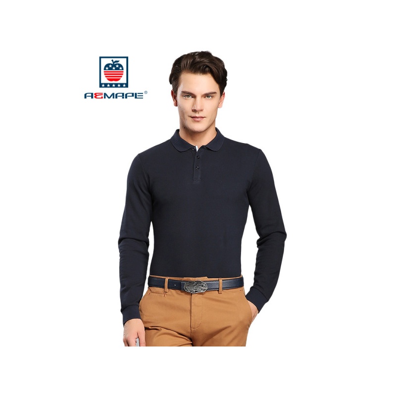 AEMAPE美国苹果长袖T恤男士翻领Polo纯色休闲棉质新款长袖打底衫