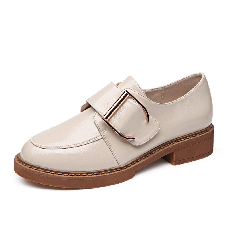 珂卡芙女鞋夏2018秋新款低跟圆头深口粗跟单鞋魔术贴英伦风小皮鞋