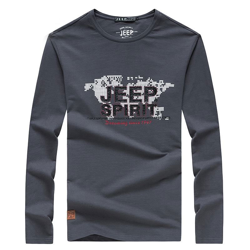 吉普男装JEEPSPIRIT 长袖T恤男春秋新品圆领字母印花棉质户外休闲运动打底衫上衣大码潮
