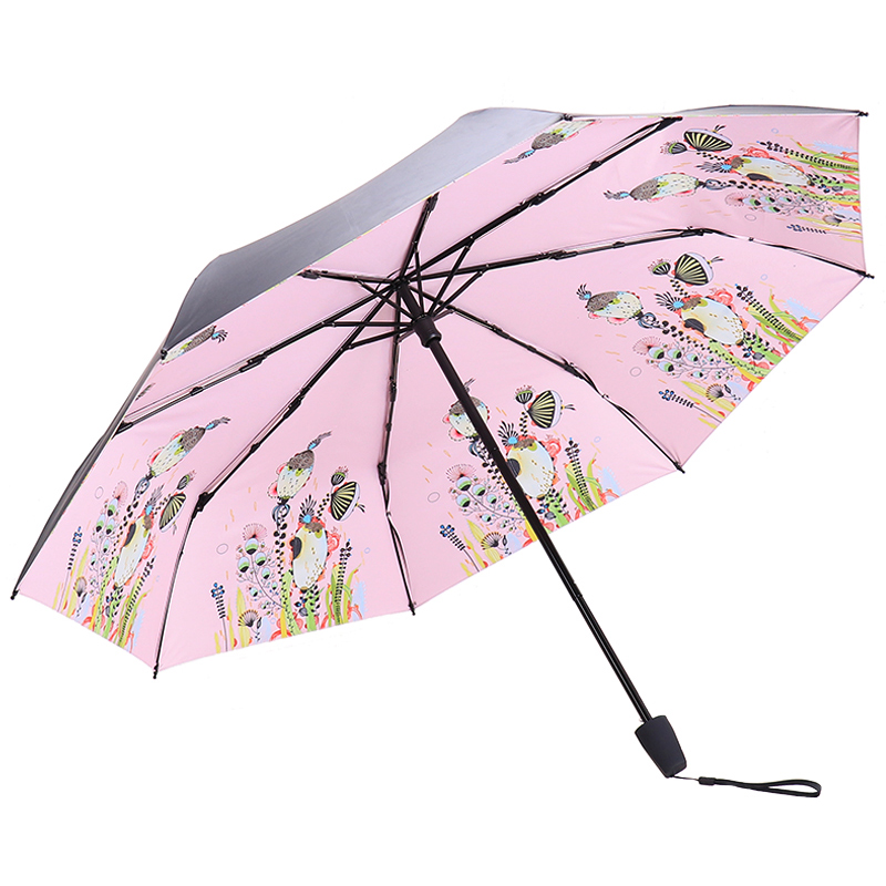 天堂伞 全遮光黑胶转印海洋花三折小黑伞晴雨伞太阳伞 L30492ELCJ