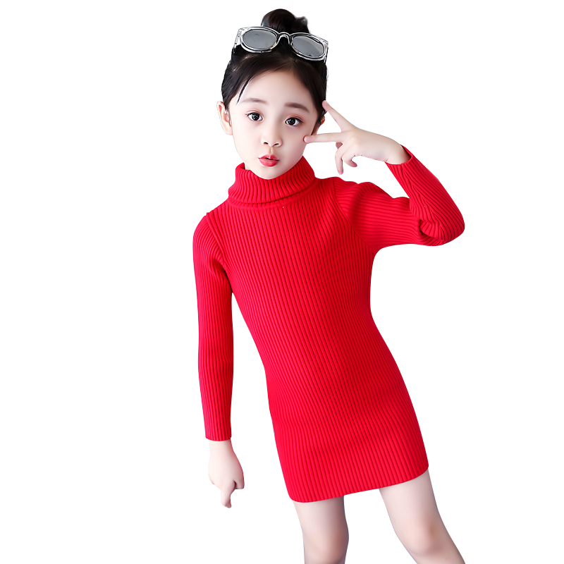 女童毛衣2018新款套头纯色高领上衣大童装小女孩中长款针织衫线衣