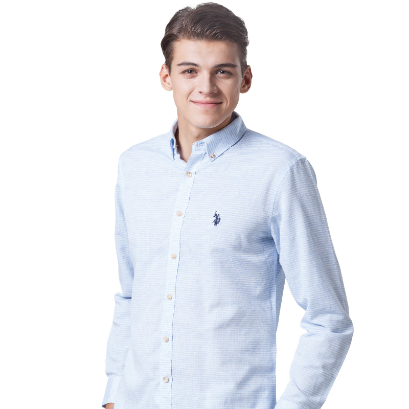 U.S. POLO ASSN.男士长袖衬衫春秋官方新款纯色细条纹休闲衬衣