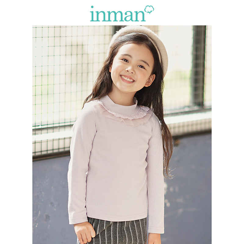 茵曼童装2018秋冬新款花边网纱荷叶边女童打底衫圆领公主中童T恤