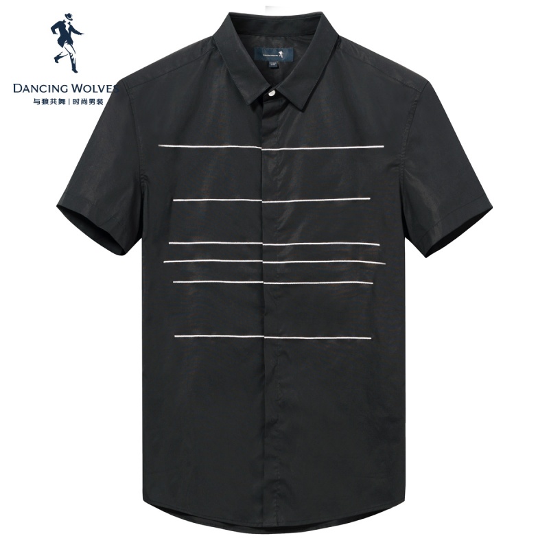 商场同款 与狼共舞短袖衬衫男士2018夏季拼色休闲衬衣DY