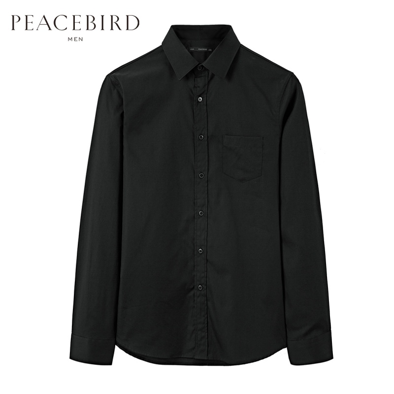 太平鸟男装秋季新款黑色后背字母品质胶印休闲长袖衬衫