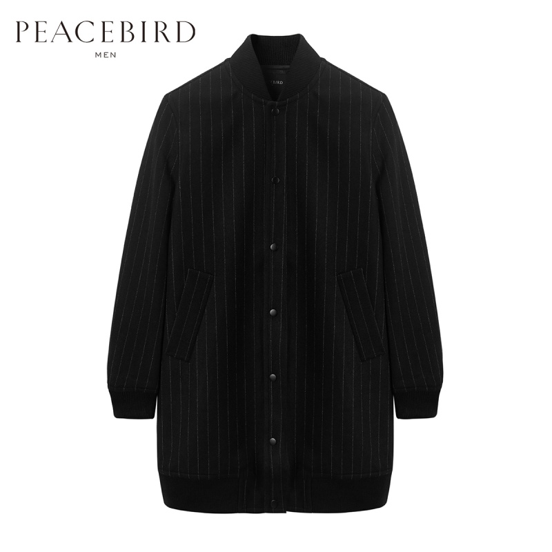 太平鸟男装秋男中长款竖条纹黑色潮流夹克棒球领茄克