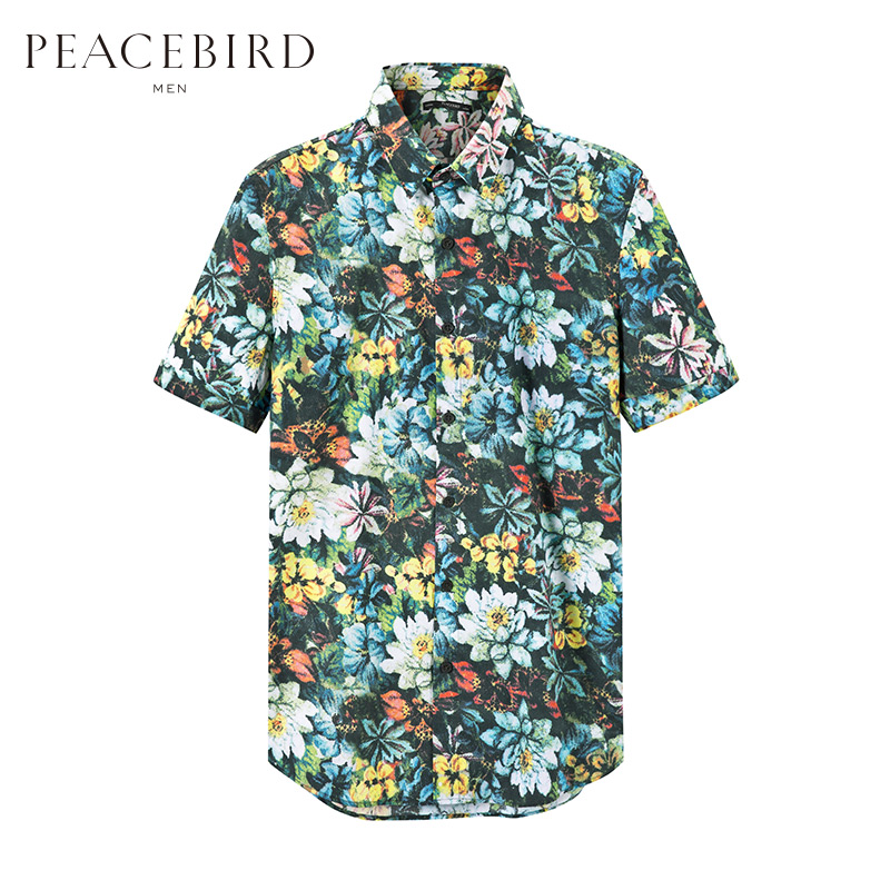 太平鸟男装夏季男士衬衣花卉印花修身棉短袖衬衫